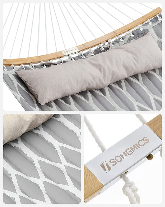 Hängematte, gepolstert, gesteppt, mit teilbaren gebogenen Bambusstangen, mit Kopfstütze, 200 x 140 cm, bis 225 kg belastbar, graue und beige Rauten