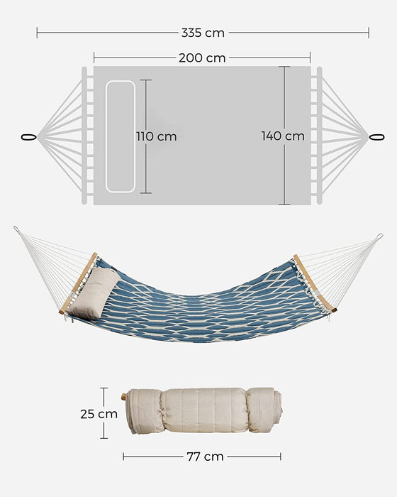 Hängematte, gepolstert, gesteppt, mit teilbaren gebogenen Bambusstangen, mit Kopfstütze, 200 x 140 cm, bis 225 kg belastbar, Blaue und beige Rauten