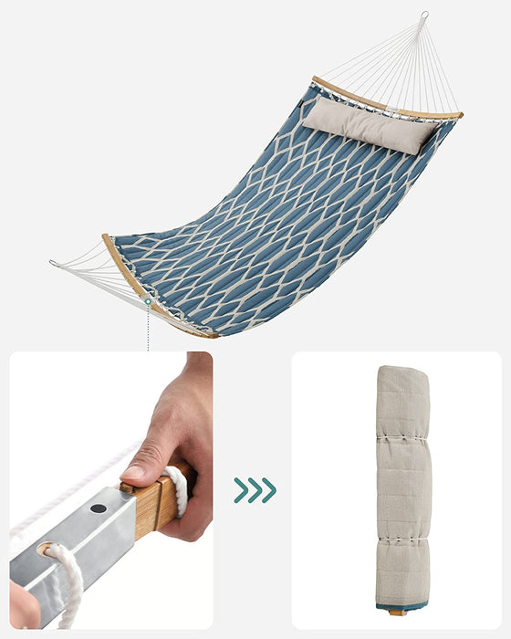 Hängematte, gepolstert, gesteppt, mit teilbaren gebogenen Bambusstangen, mit Kopfstütze, 200 x 140 cm, bis 225 kg belastbar, Blaue und beige Rauten