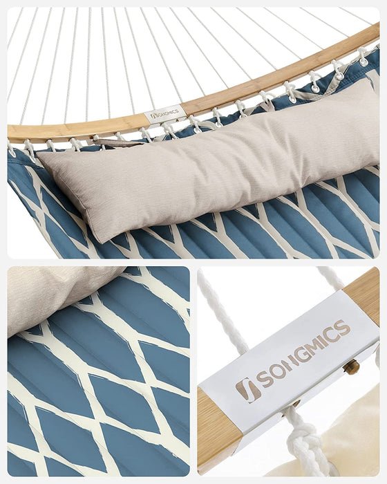 Hängematte, gepolstert, gesteppt, mit teilbaren gebogenen Bambusstangen, mit Kopfstütze, 200 x 140 cm, bis 225 kg belastbar, Blaue und beige Rauten