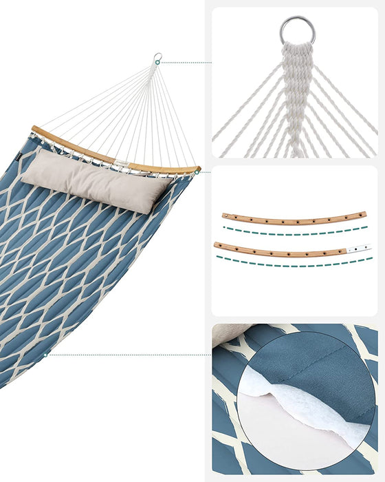 Hängematte, gepolstert, gesteppt, mit teilbaren gebogenen Bambusstangen, mit Kopfstütze, 200 x 140 cm, bis 225 kg belastbar, Blaue und beige Rauten