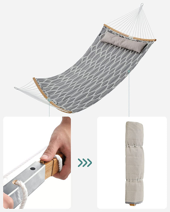Hängematte, gepolstert, gesteppt, mit teilbaren gebogenen Bambusstangen, mit Kopfstütze, 200 x 140 cm, bis 225 kg belastbar, graue und beige Rauten