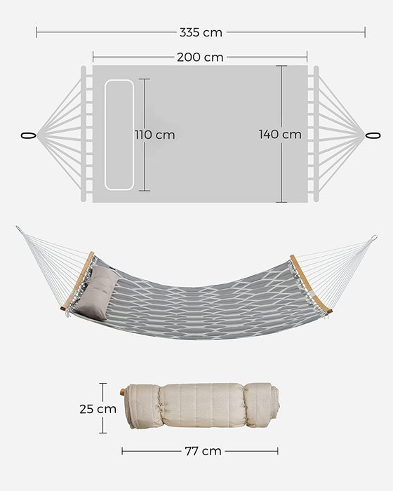 Hängematte, gepolstert, gesteppt, mit teilbaren gebogenen Bambusstangen, mit Kopfstütze, 200 x 140 cm, bis 225 kg belastbar, graue und beige Rauten