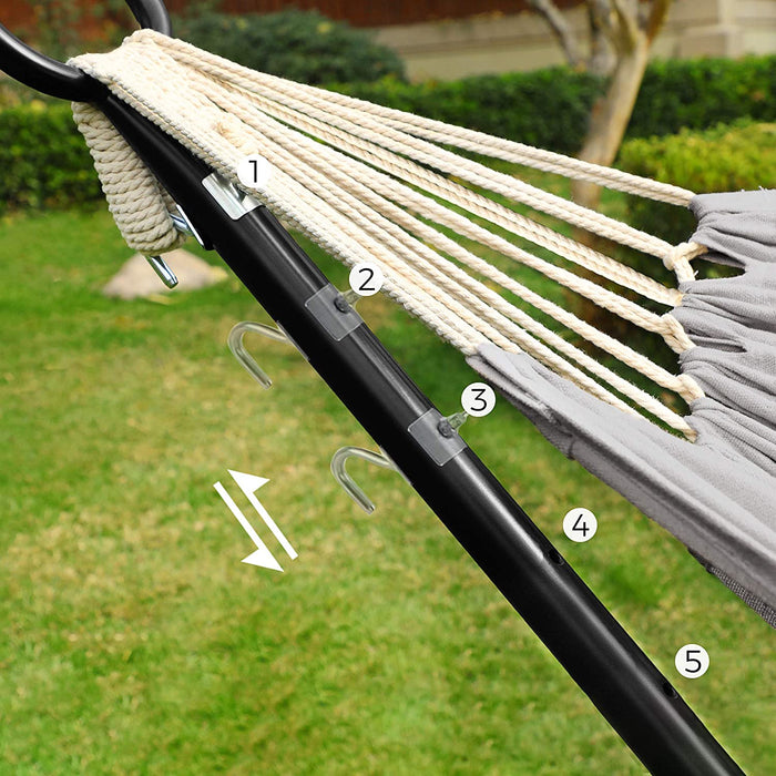 Hängematte mit Gestell, 210 x 150 cm, auf 5 Verschiedene Höhen verstellbar, Gestell aus Metall, bis 240 kg belastbar, für Garten