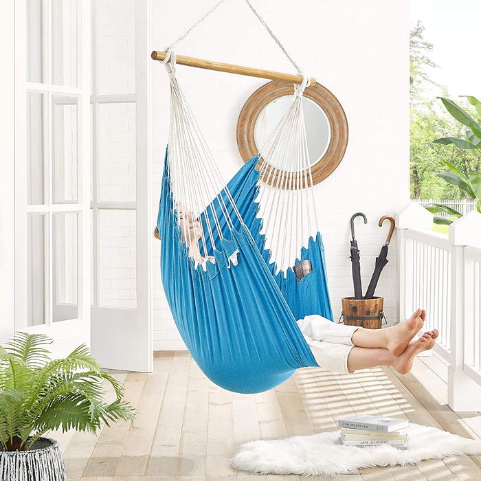 Hängesessel, Hängeschaukel, Hängestuhl mit 2 Kissen, Metallkette, bis 150 kg belastbar, Indoor und Outdoor, Wohnzimmer, Schlafzimmer, blau