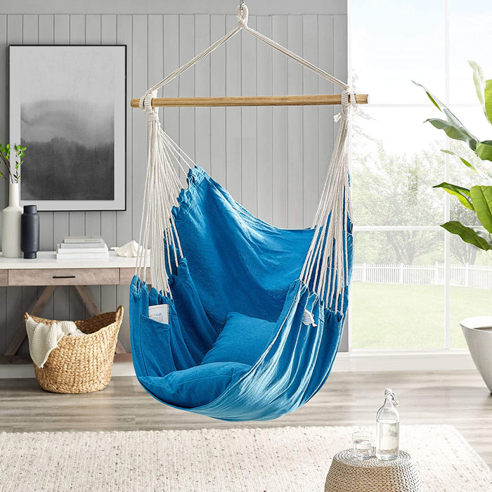Hängesessel, Hängeschaukel, Hängestuhl mit 2 Kissen, Metallkette, bis 150 kg belastbar, Indoor und Outdoor, Wohnzimmer, Schlafzimmer, blau