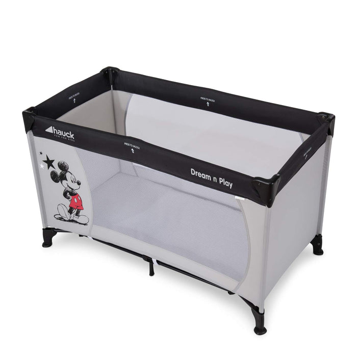 Disney Reisebett Dream N Play / für Babys und Kinder ab Geburt bis 15 kg / 120 x 60 cm / Leicht / Kompakt Faltbar / Inkl. Trage Tasche / Mickey Mouse / Grau