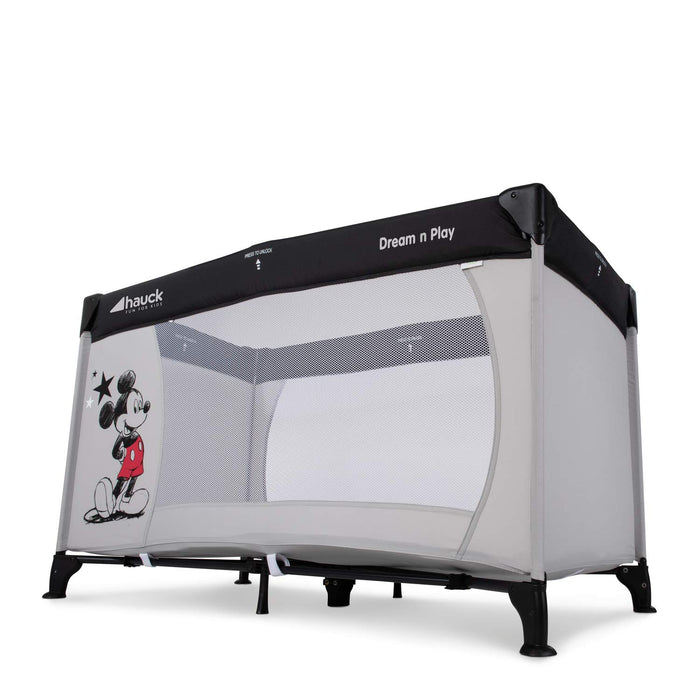 Disney Reisebett Dream N Play / für Babys und Kinder ab Geburt bis 15 kg / 120 x 60 cm / Leicht / Kompakt Faltbar / Inkl. Trage Tasche / Mickey Mouse / Grau