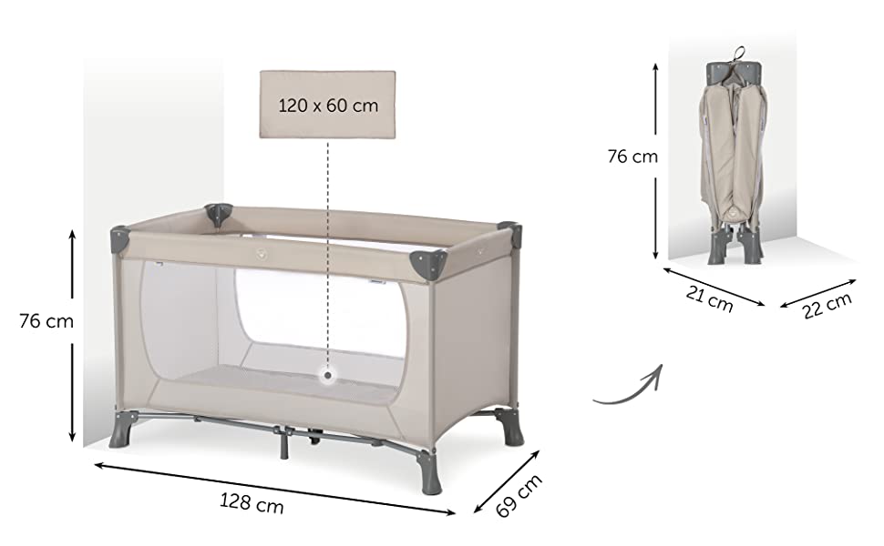Hauck Reisebett Dream N Play / für Babys und Kinder ab Geburt bis 15 kg / 120 x 60 cm / Leicht / Kompakt Faltbar / Inkl. Trage Tasche / Beige