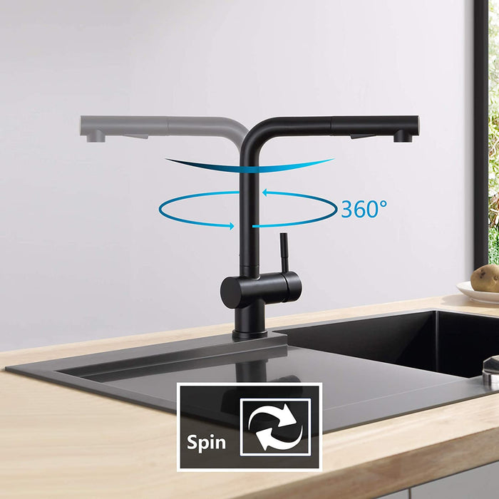 Hochdruck Wasserhahn Küche Schwarz, Armatur Küche Ausziehbar, Küchenarmatur mit Brause Zwei Wasserstrahlarten, Einhebel Spültischarmatur 