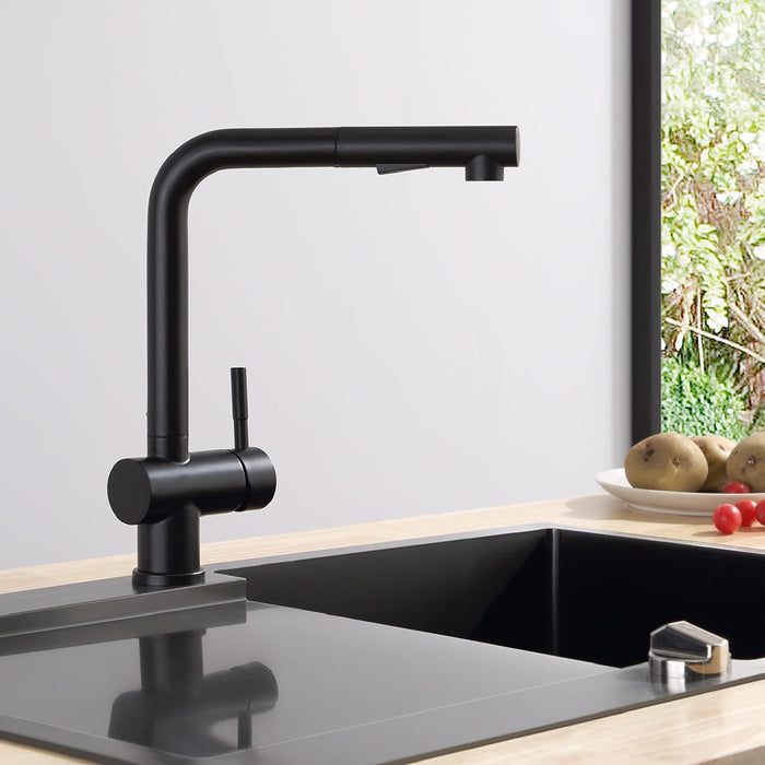 Hochdruck Wasserhahn Küche Schwarz, Armatur Küche Ausziehbar, Küchenarmatur mit Brause Zwei Wasserstrahlarten, Einhebel Spültischarmatur 