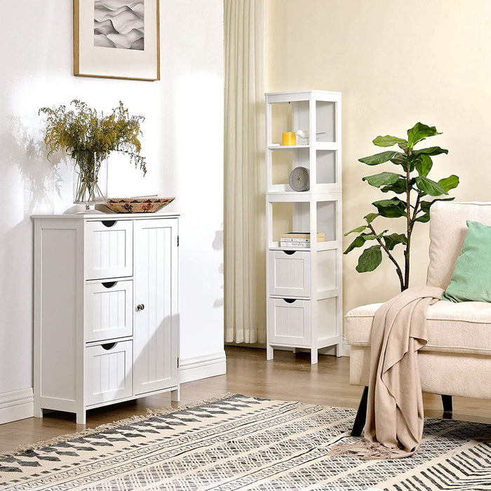 Hochschrank, Badezimmerschrank, Aufbewahrung von Badutensilien, mit 2 Schubladen und 3 offenen Fächern, 30 x 30 x 141,5 cm, Badezimmer, Wohnzimmer