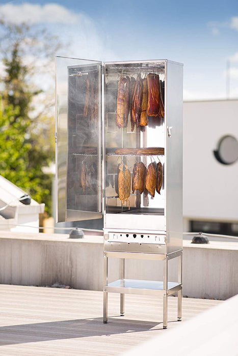 Hochwertiger Räucherofen/Räucherschrank aus Edelstahl - Holzbefeuerung I Tragbarer Smoker 110 cm I Perfekt zum Räuchern I Passen bis zu 15kg Fleisch 