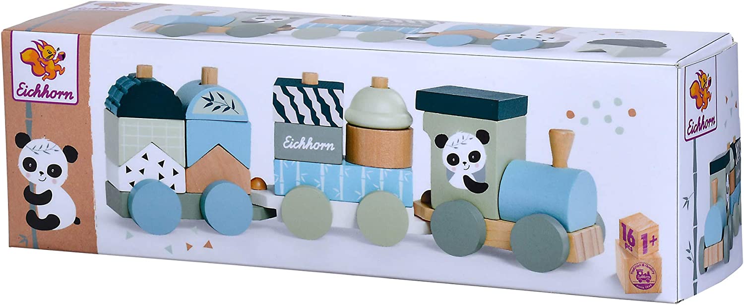 Holzzug mit 2 Waggongs und 13 Bausteinen, Lok und Anhänger bestehend aus Bausteinen, 16 teilig, 29cm lang, Motorikspielzeug für Kinder ab einem Jahr