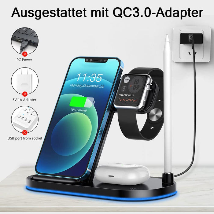 Kabelloses Ladegerät, 4 in 1 Wireless Charger für Apple Watch Series, AirPods 2/3/Pro und Apple Pencil, Induktive Ladestation 