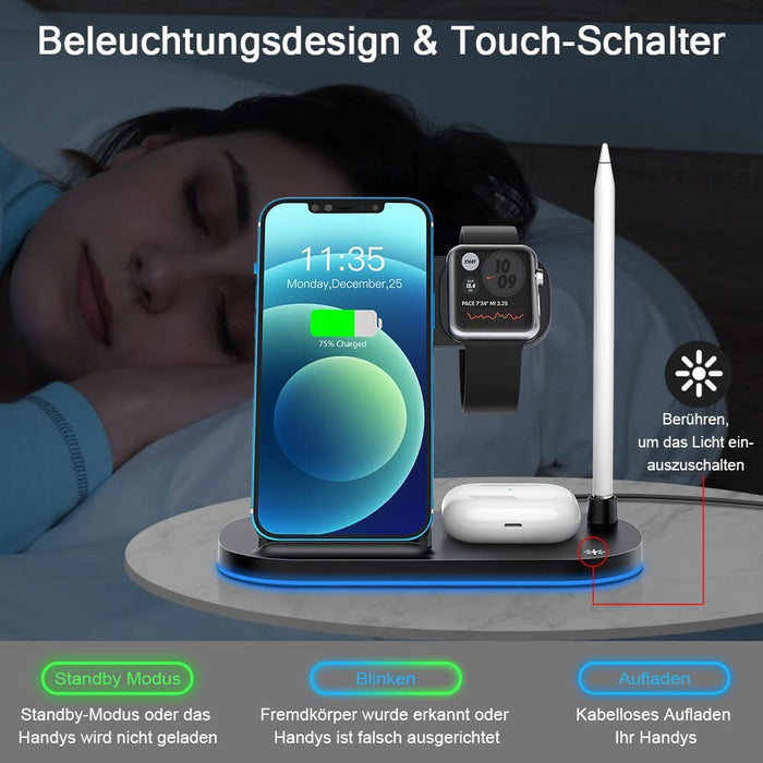 Kabelloses Ladegerät, 4 in 1 Wireless Charger für Apple Watch Series, AirPods 2/3/Pro und Apple Pencil, Induktive Ladestation 