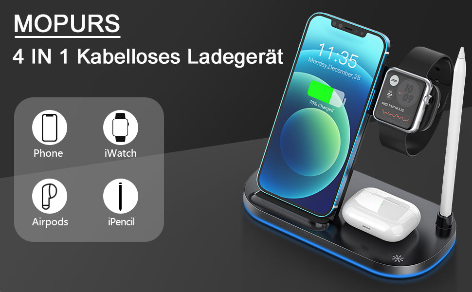 Kabelloses Ladegerät, 4 in 1 Wireless Charger für Apple Watch Series, AirPods 2/3/Pro und Apple Pencil, Induktive Ladestation 