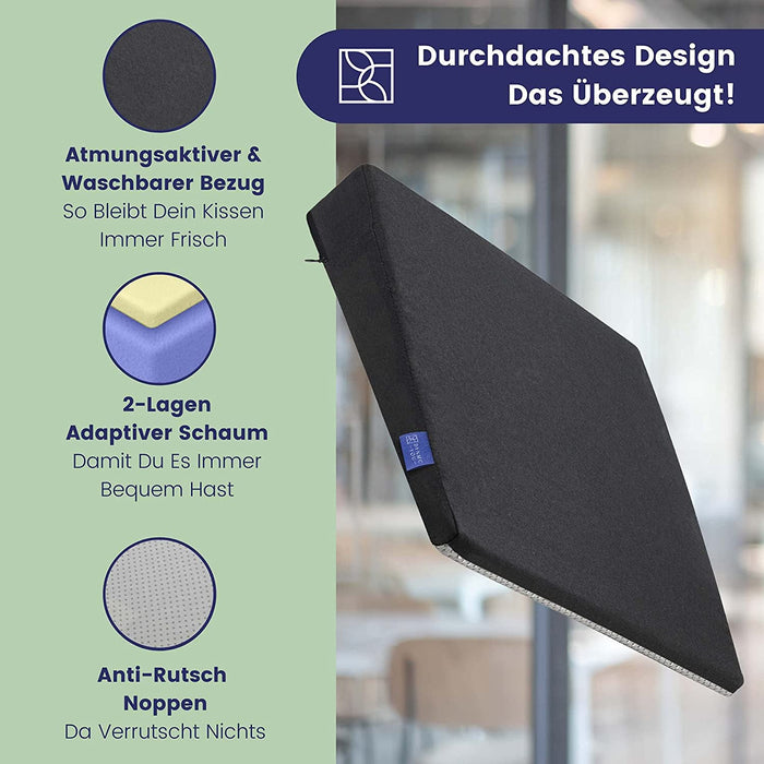 Keilkissen für Bürostuhl - Ergonomisches Sitzkissen Stuhl - Fest, Formstabil - Modernes Schaumstoff Sitzpolster, Sitzerhöhung, Sitzkeilkissen Büro