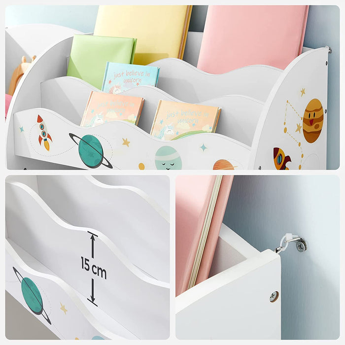 Kinderzimmerregal, Spielzeug-Organizer, Bücherregal für Kinder, multifunktionale Ablage mit 2 Aufbewahrungsboxen, Sticker mit Weltall-Motiven