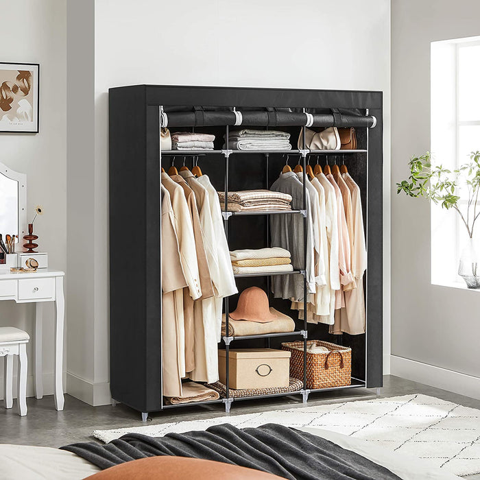 Kleiderschrank, Faltschrank, Stoffschrank, faltbare Garderobe mit 2 Kleiderstange, 175 x 150 x 45 cm, schwarz