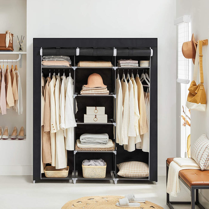 Kleiderschrank, Faltschrank, Stoffschrank, faltbare Garderobe mit 2 Kleiderstange, 175 x 150 x 45 cm, schwarz