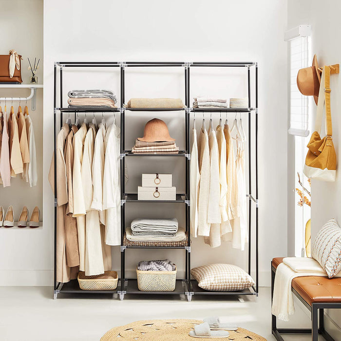 Kleiderschrank, Faltschrank, Stoffschrank, faltbare Garderobe mit 2 Kleiderstange, 175 x 150 x 45 cm, schwarz
