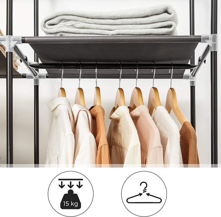 Kleiderschrank, Faltschrank, Stoffschrank, faltbare Garderobe mit 2 Kleiderstange, 175 x 150 x 45 cm, schwarz