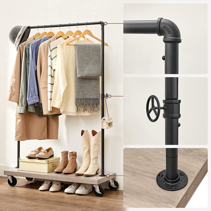 Kleiderständer, Garderobe, Garderobenständer, Kleiderstange bis 90 kg belastbar, mit Ablage, arretierbare Rollen, Industrie-Design, Wohnzimmer, Flur