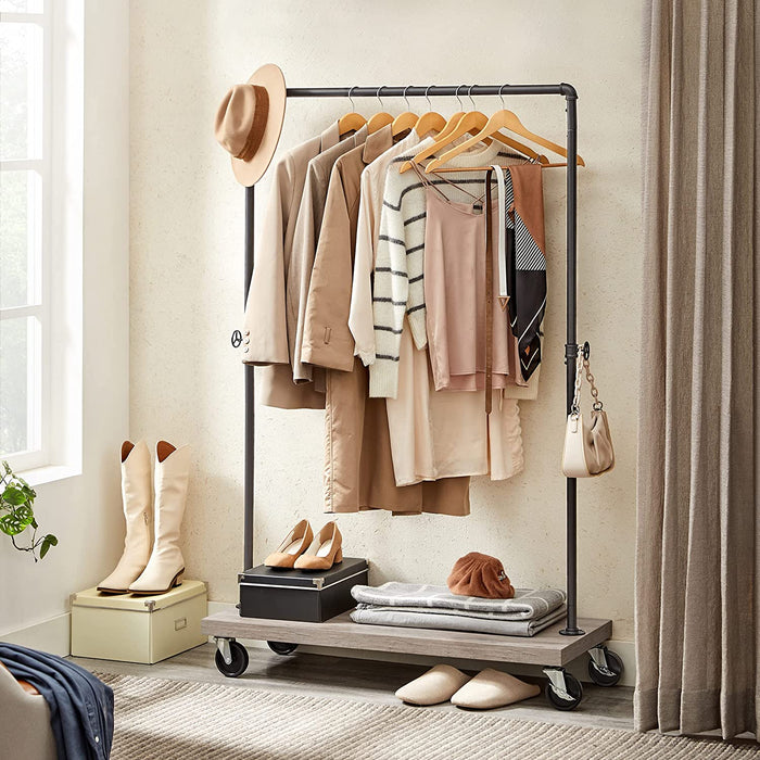 Kleiderständer, Garderobe, Garderobenständer, Kleiderstange bis 90 kg belastbar, mit Ablage, arretierbare Rollen, Industrie-Design, Wohnzimmer, Flur