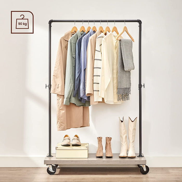 Kleiderständer, Garderobe, Garderobenständer, Kleiderstange bis 90 kg belastbar, mit Ablage, arretierbare Rollen, Industrie-Design, Wohnzimmer, Flur