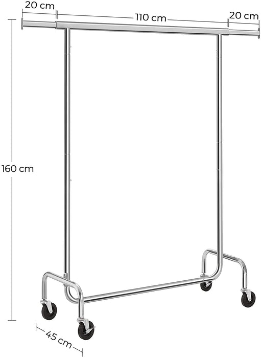 Kleiderständer, kleiderstangen mit rollen, Garderobenständer aus Metall, bis 130 kg belastbar, Länge: 110-150 cm, verchromt