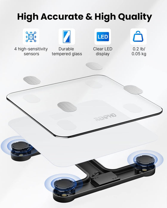 Körperfettwaage, Bluetooth Personenwaage mit App, Smart Digitale Waage für Körperfett, BMI, Gewicht, Muskelmasse, Wasser, Protein, BMR, Weiß
