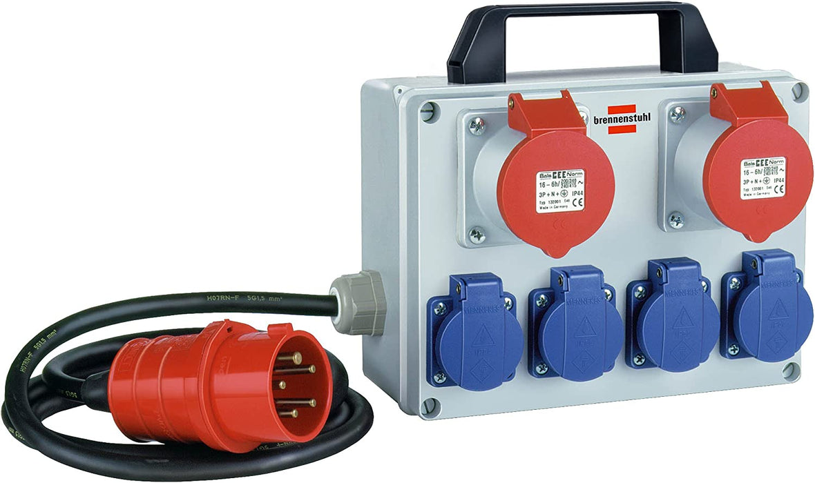 Kompakter Kleinstromverteiler BKV 2/4 T IP44 / Baustromverteiler mit Tragegriff (2m Kabel, für ständigen Einsatz im Außenbereich IP44, Made in Germany)
