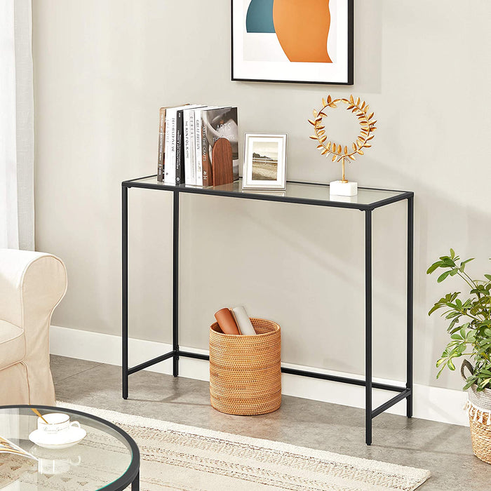 Konsolentisch, Beistelltisch aus Hartglas, 100 x 35 x 80 cm, einfacher Aufbau, verstellbare Füße, Wohnzimmer, Flur, schwarz