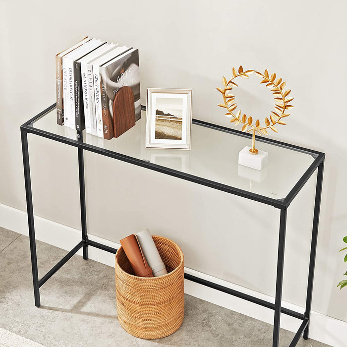 Konsolentisch, Beistelltisch aus Hartglas, 100 x 35 x 80 cm, einfacher Aufbau, verstellbare Füße, Wohnzimmer, Flur, schwarz