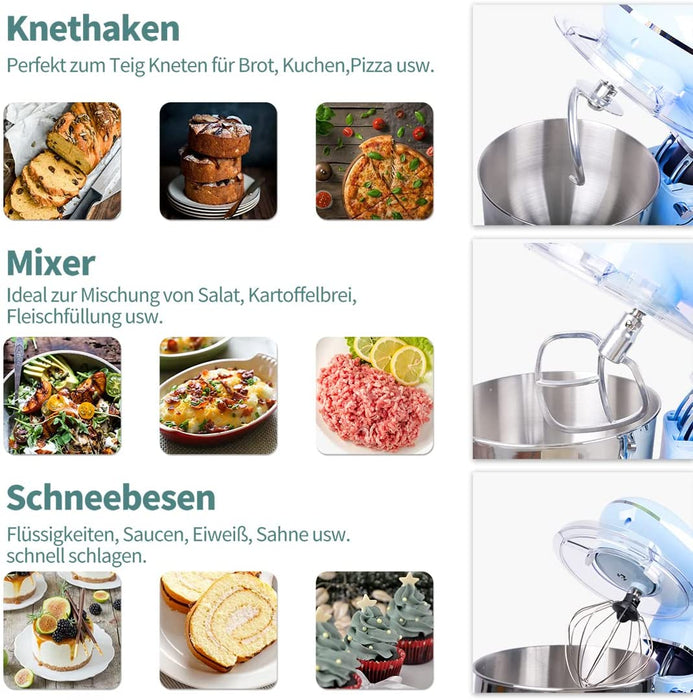 Küchenmaschine 1400W, Blau Multifunktional Knetmaschine mit 6L Edelstahl Schüssel, 3 Rührwerkzeuge inkl 3-Teiligem Patisserie-Set, Spritzschutz