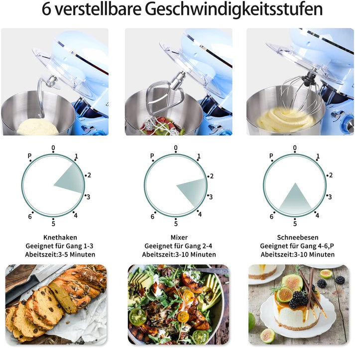 Küchenmaschine 1400W, Blau Multifunktional Knetmaschine mit 6L Edelstahl Schüssel, 3 Rührwerkzeuge inkl 3-Teiligem Patisserie-Set, Spritzschutz
