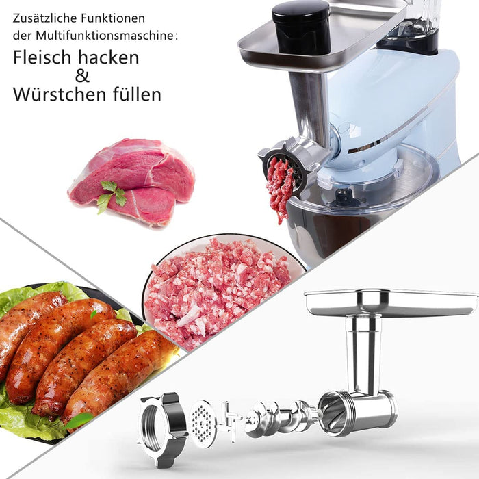 Küchenmaschine 1400W, Blau Multifunktional Knetmaschine mit 6L Edelstahl Schüssel, 3 Rührwerkzeuge inkl 3-Teiligem Patisserie-Set, Spritzschutz