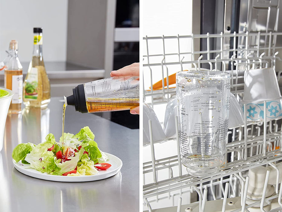 Leifheit Dressing Shaker, hochwertige Glasflasche mit verschiedenen Rezepten für Salatdressings, Messbecher mit tropffreien Ausguss