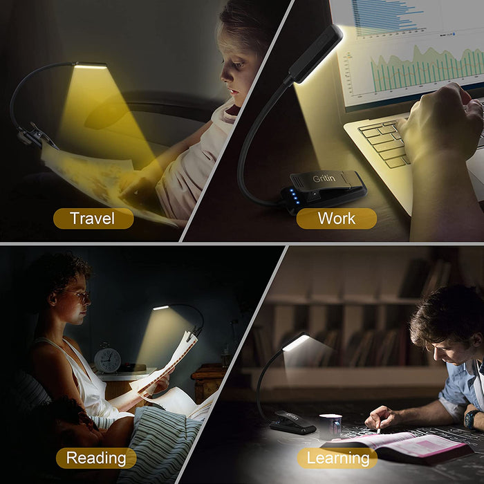 Leselampe Buch Klemme, Gritin Buchlampe mit 9 LEDs, 3 Farbtemperatur Modi, Stufenlose Helligkeit Klemmlampe, USB Wiederaufladbare Klemmleuchte