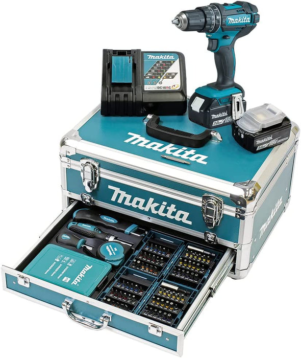 Makita Akku-Schlagbohrschrauber 18V / 3,0 Ah, 2 Akkus + Ladegerät im Alukoffer + 96-tlg. Zubehör-Set
