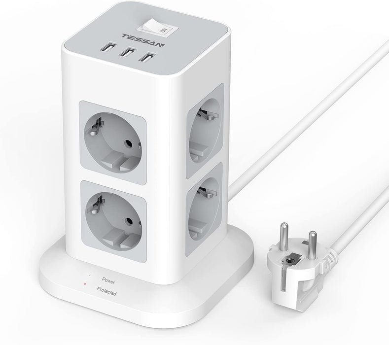 Mehrfachsteckdose Überspannungsschutz 3600W 16A, 8 Fach Steckdosenleiste Steckerleiste mit 3 USB, Mehrfachstecker mit 2M Extension Cord, Steckdosenturm Verteilersteckdose für Zuhause, Grau