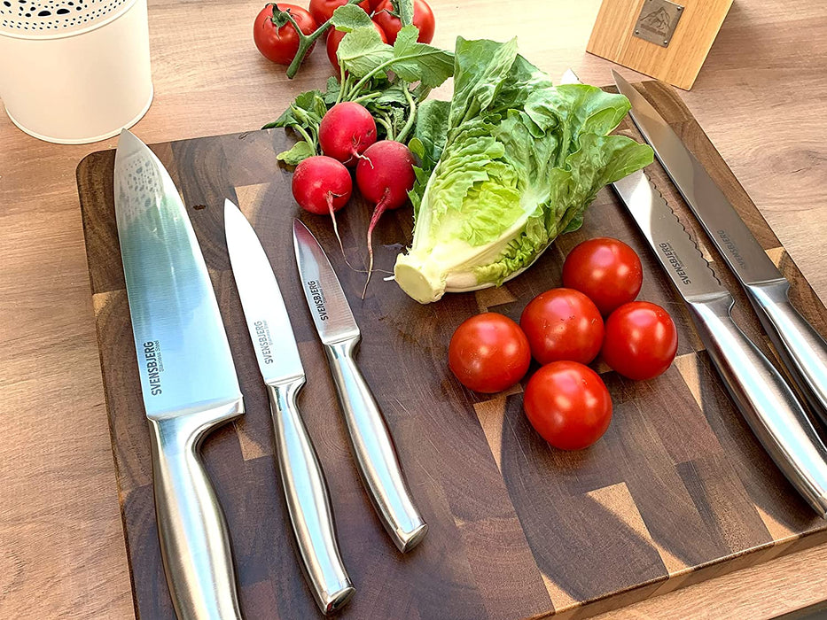 Messerblock mit Messerset bestückt, 5 Profi-Küchenmesser, modernes skandinavisches Design aus Massiv-Holz, scharf Edelstahl-Kochmesser-Set, hochwertige rostfreie Messer