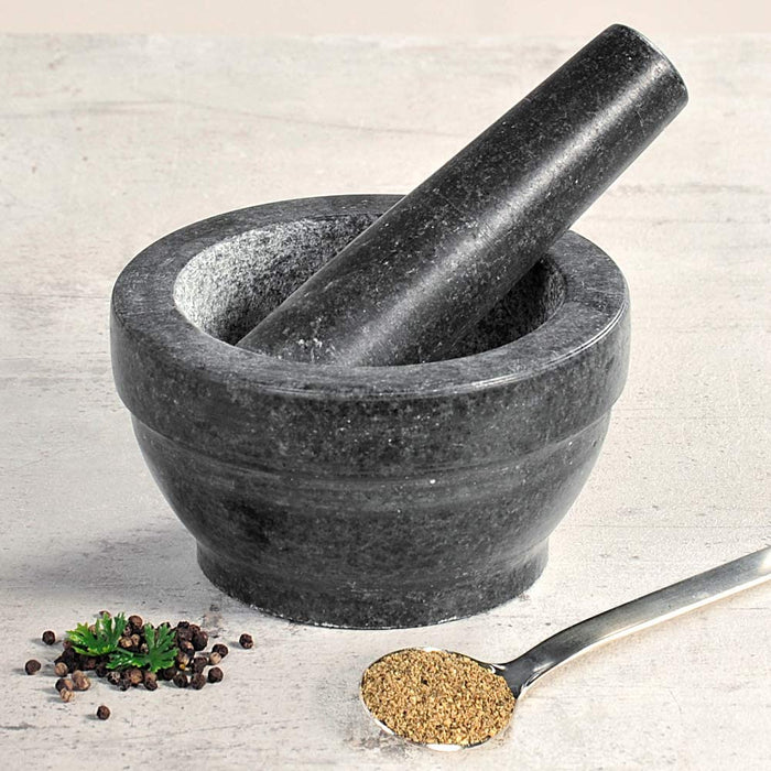 Mörser mit Schlegel aus Granit - dunkel/Granit-Mörser 