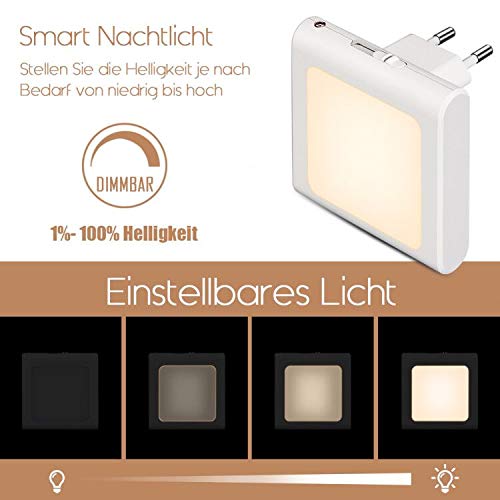 Nachtlicht Steckdose mit Dämmerungssensor, Emotionlite 2 Stück Helligkeit Stufenlos Einstellbar Sehr gut für Kinderzimmer, Treppenaufgang,Schlafzimmer