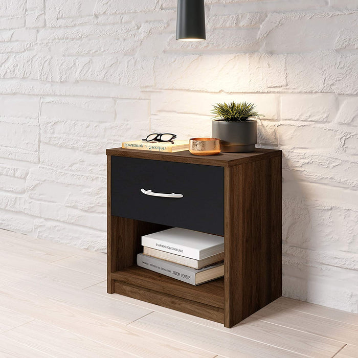 Nachttisch in Columbia Nussbaum Optik, Schwarz - Schlichter Nachtschrank mit einer Schublade passend zu jedem Bett & Schlafzimmer - 39 x 41 x 28 cm