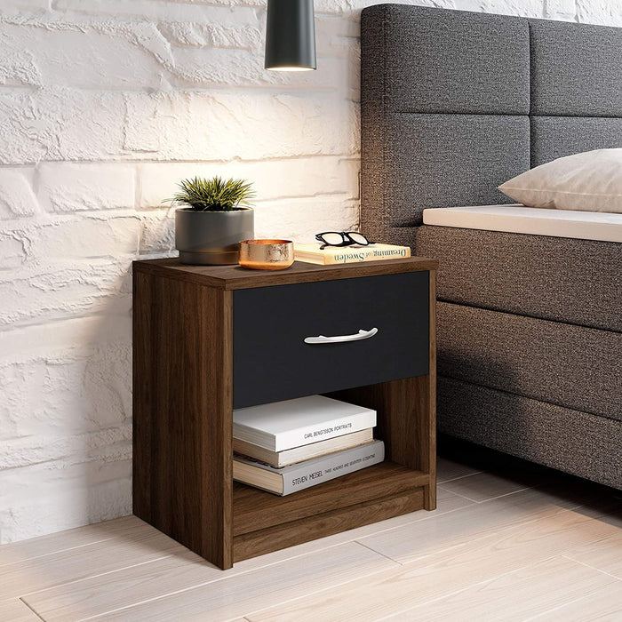Nachttisch in Columbia Nussbaum Optik, Schwarz - Schlichter Nachtschrank mit einer Schublade passend zu jedem Bett & Schlafzimmer - 39 x 41 x 28 cm