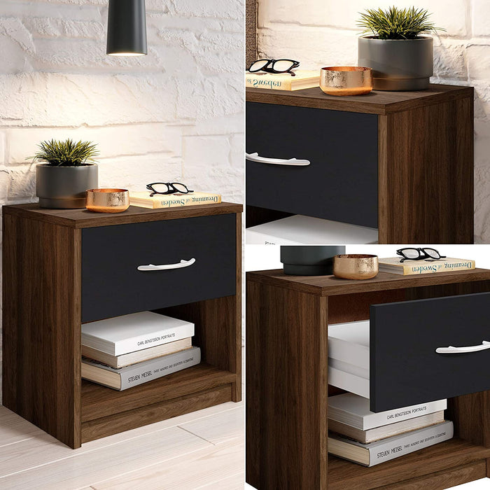 Nachttisch in Columbia Nussbaum Optik, Schwarz - Schlichter Nachtschrank mit einer Schublade passend zu jedem Bett & Schlafzimmer - 39 x 41 x 28 cm