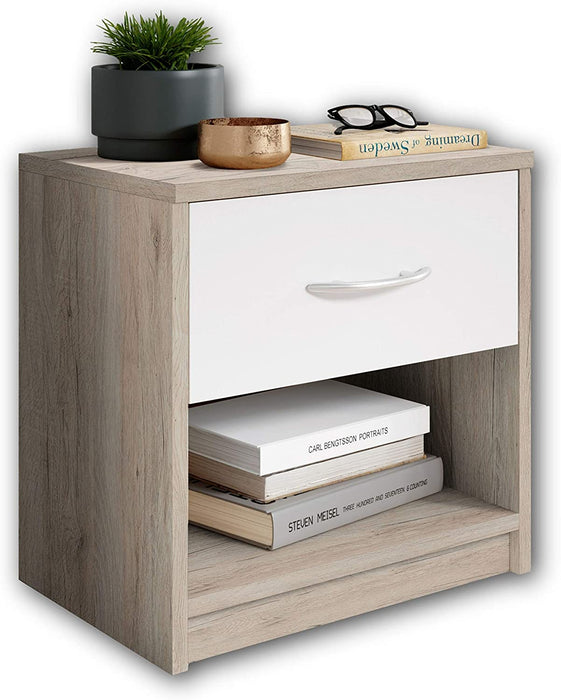 Nachttisch in San Remo Optik, Weiß - Schlichter Nachtschrank mit einer Schublade passend zu jedem Bett & Schlafzimmer - 39 x 41 x 28 cm