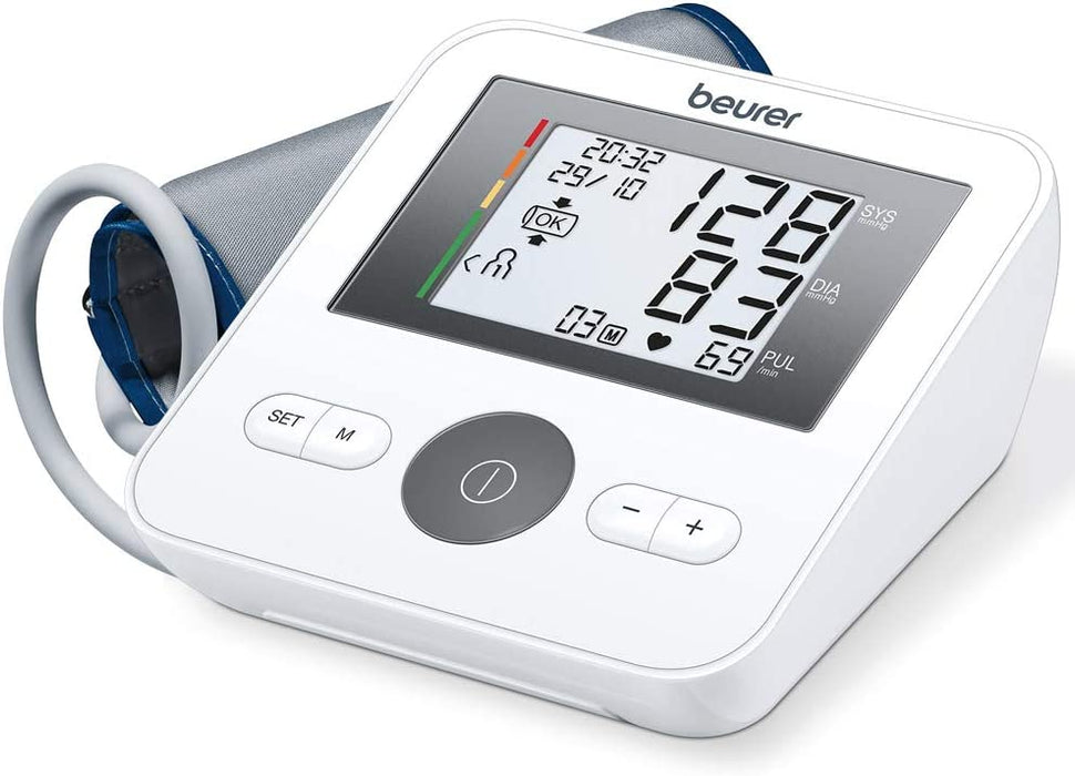 Oberarm-Blutdruckmessgerät mit Manschettensitzkontrolle, für Oberarmumfänge von 22-42 cm, Risikoindikator, Arrhythmie-Erkennung